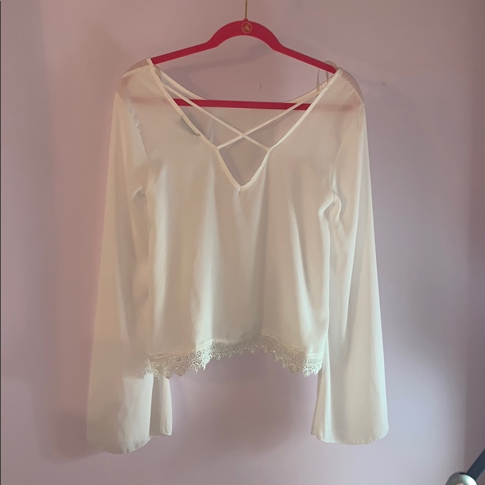 White Blouse Top w/ Lace Hem